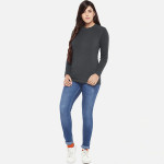 Women Charcoal Grey Solid Merino Wool & Bamboo Full Sleeves Thermal Tops